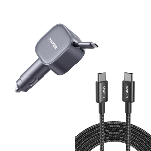 Anker Nano 75W Car Charger and New Nylon USB-C to USB-C 100W Cable (10 ft)